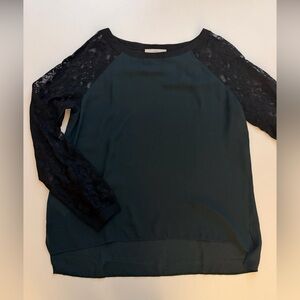 LOFT Forest Green Blouse with Black Lace Raglan Sleeves